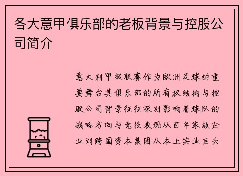 各大意甲俱乐部的老板背景与控股公司简介