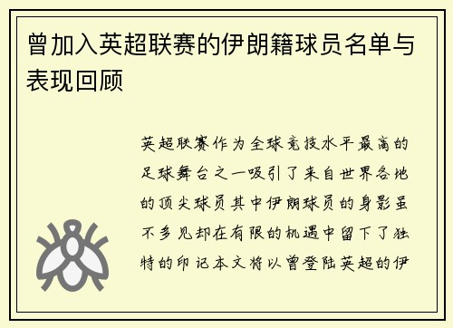 曾加入英超联赛的伊朗籍球员名单与表现回顾
